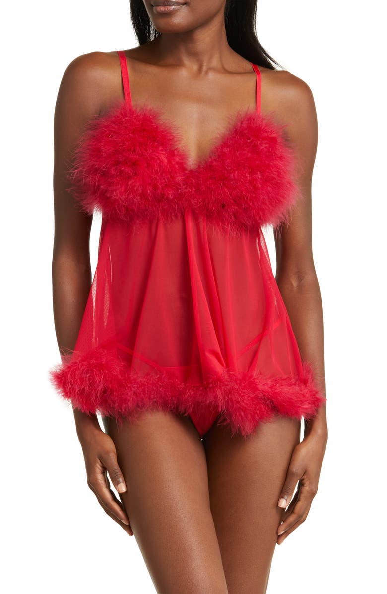 Coquette Feathery Babydoll Chemise & G-String Set, Main, color, Red