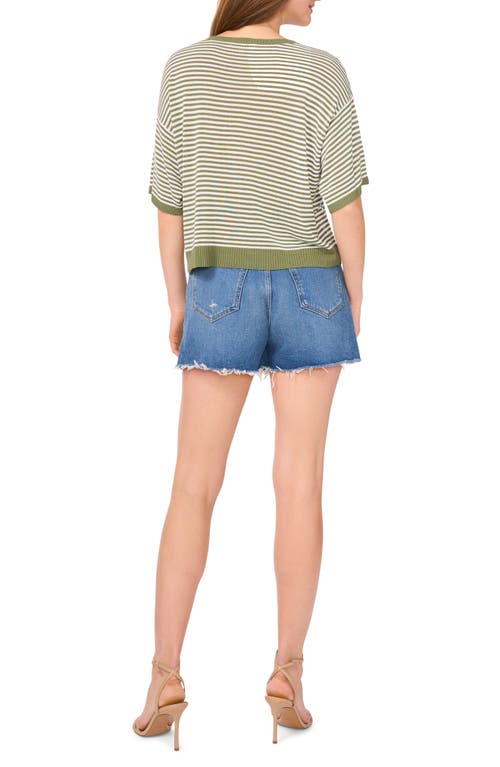 Two By Vince Camuto Stripe Elbow Sleeve Sweater In Dark Green