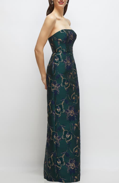 Alfred Sung Metallic Strapless Jacquard Column Gown In Green