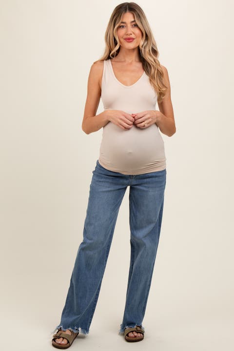 Wide Leg Distressed Hem Maternity Jeans