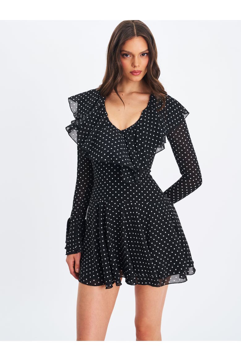 Omari Chiffon Polka Dot Ruffled Neckline Mini Dress, Alternate, color, Black Polka Dot