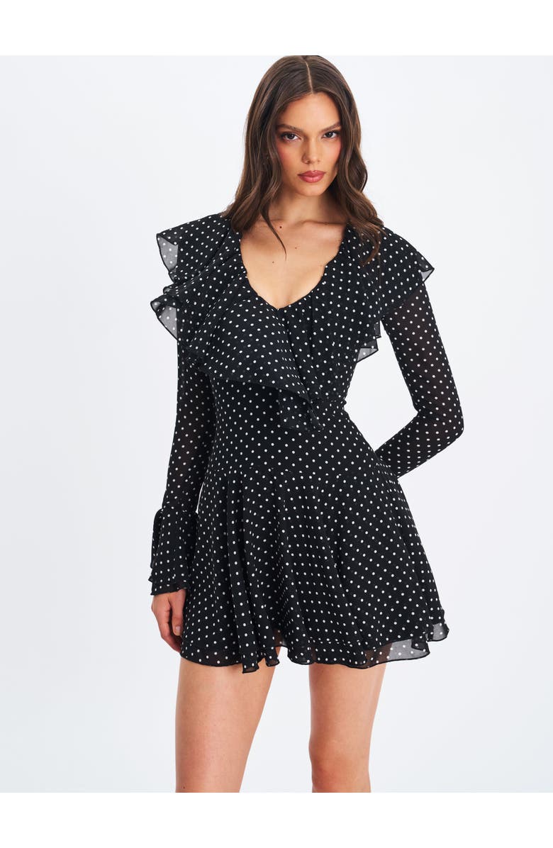 Miss Circle Omari Chiffon Polka Dot Ruffled Neckline Mini Dress, Alternate, color, Black Polka Dot