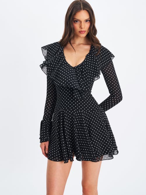 Miss Circle Omari Chiffon Polka Dot Ruffled Neckline Mini Dress In Black