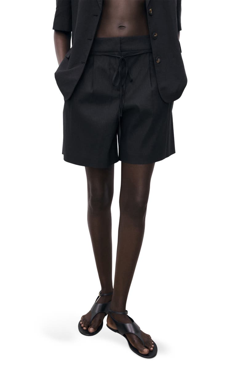 MANGO Belted Linen Blend Shorts, Main, color, Black