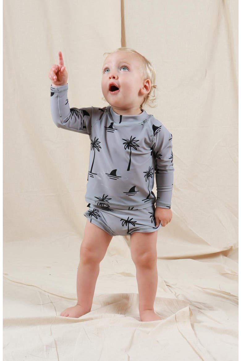 Palm Print Two-Piece Rashguard Swimsuit, Alternate, color, GREY