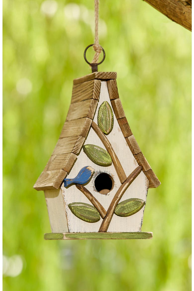 9.5"H Distressed Solid Wood Birdhouse with 3D Leaves, Alternate, color, White