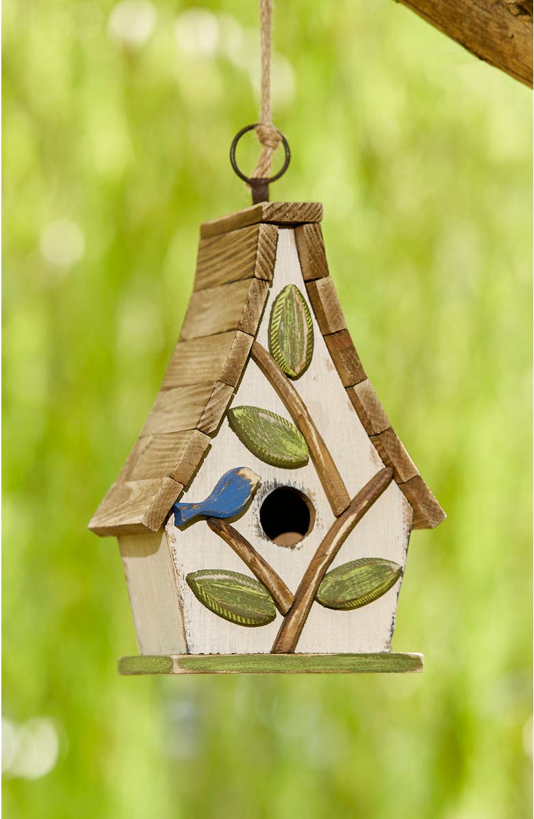 Glitzhome 9.5"H Distressed Solid Wood Birdhouse with 3D Leaves, Alternate, color, White