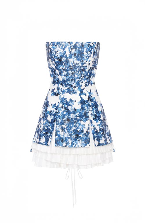 Milla Strapless Blue Hydrangea Mini Dress With Accent Lacing
