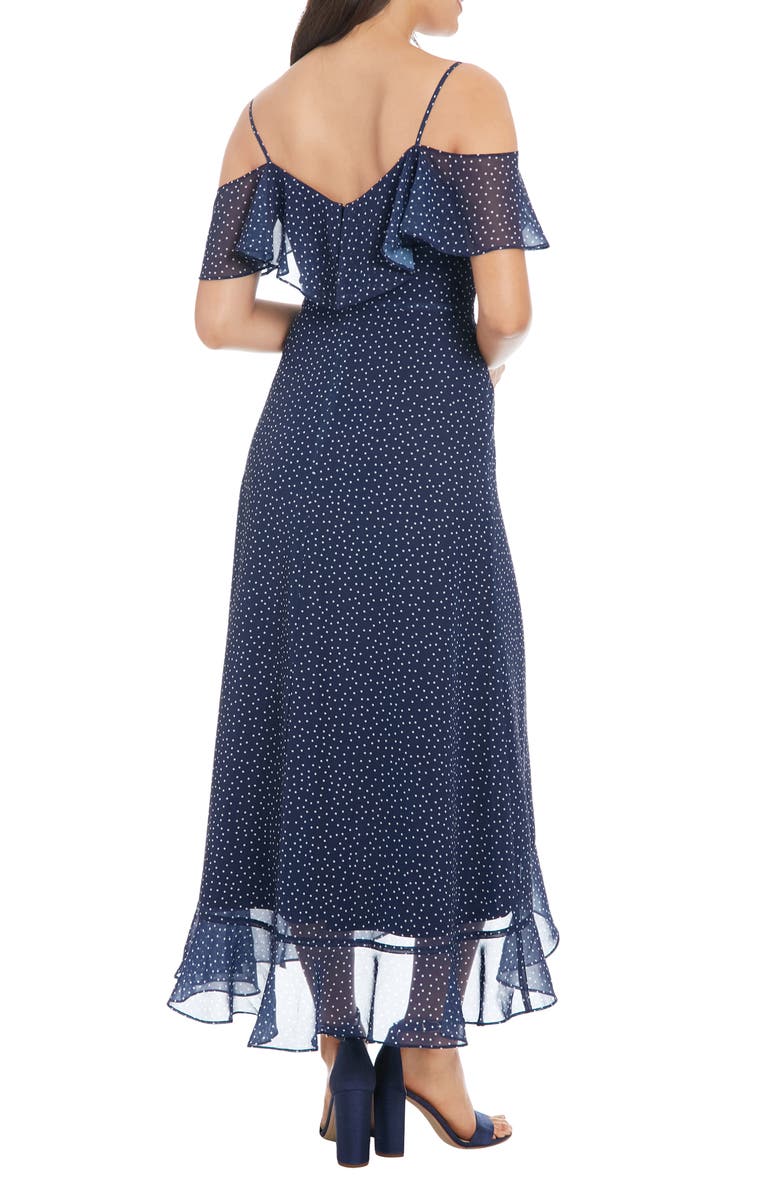 London Times Cold Shoulder Ruffle Faux Wrap Midi Dress, Alternate, color, Navy/ White