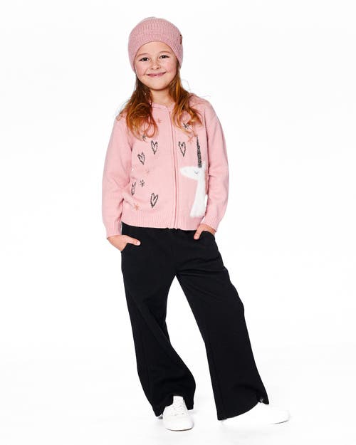 Deux Par Deux Hooded Knit Cardigan With Unicorn Intarsia In Pink
