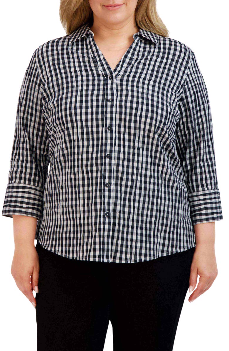 Foxcroft Mary Crinkled Gingham Cotton Blend Shirt, Main, color,