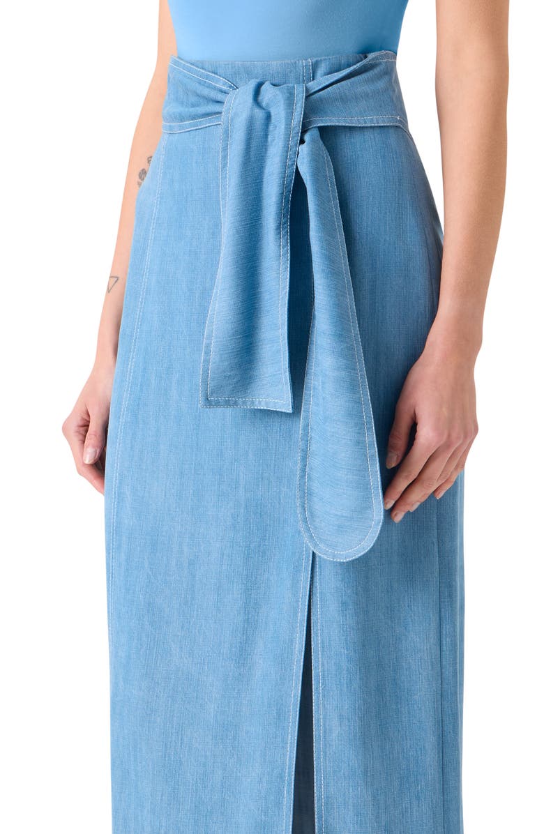 Akris punto Chambray Faux Wrap Midi Skirt, Alternate, color, Sky Blue Denim