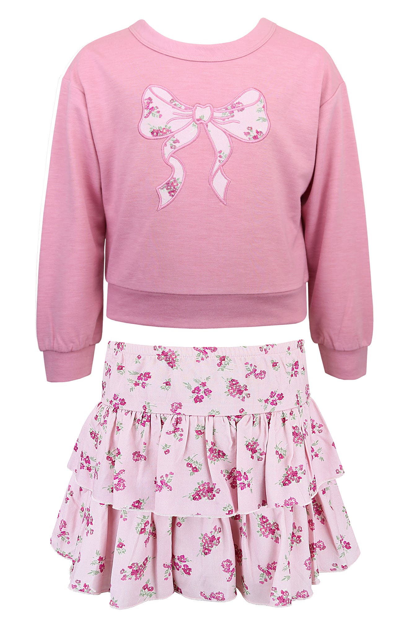 Kids' Bow Embroidered Pullover & Tiered Skirt Set