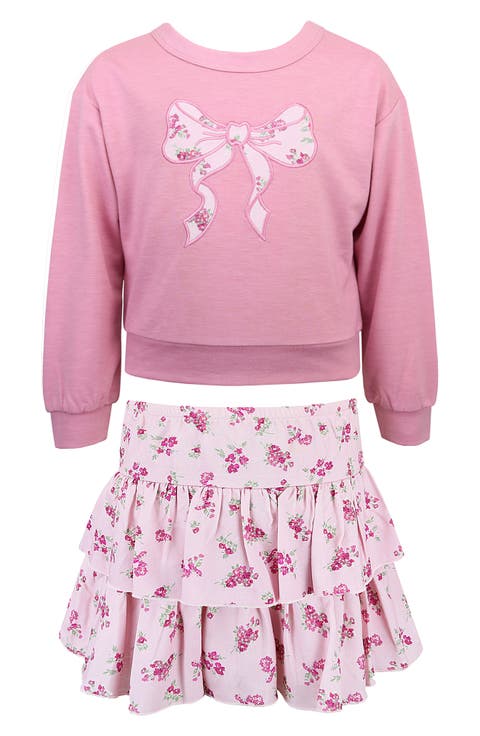 Kids' Bow Embroidered Pullover & Tiered Skirt Set