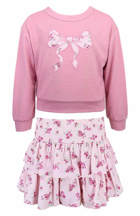 Kids' Bow Embroidered Pullover & Tiered Skirt Set