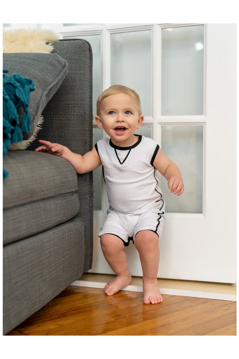 Contrast Piping Stretch Cotton Ribbed Romper, Alternate, color, WHITE
