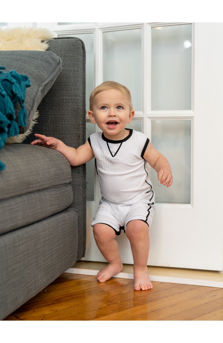 Manière Contrast Piping Stretch Cotton Ribbed Romper, Alternate, color, White