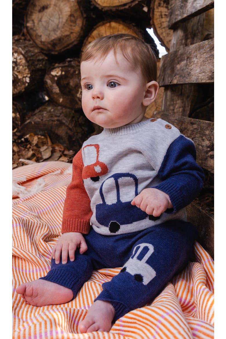 Knitted Car Intarsia Top and Elastic Waist Pants Set, Alternate, color, Blue and Orange