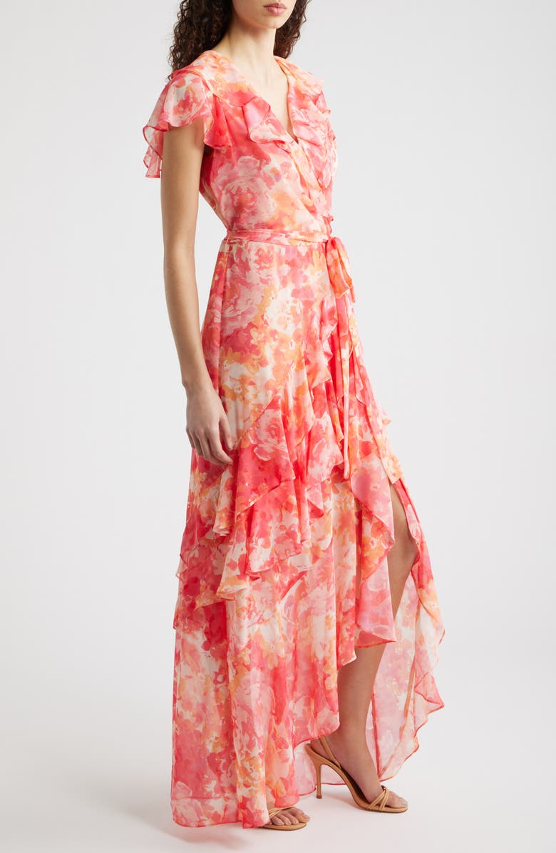 Eliza J Floral Asymmetric Ruffle Maxi Dress, Alternate, color, Pink Sorbe