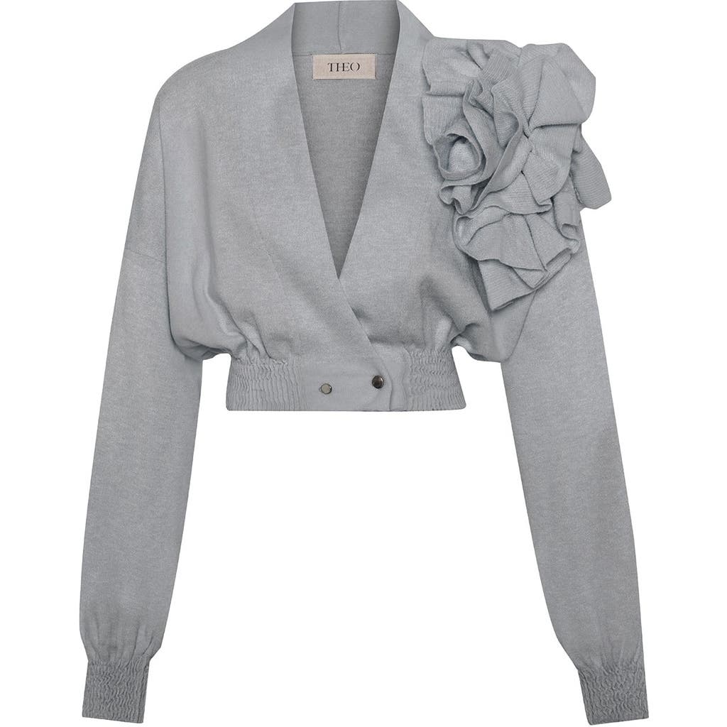 Theo The Label Nomia Cropped Rosette Cardigan In Heather Grey