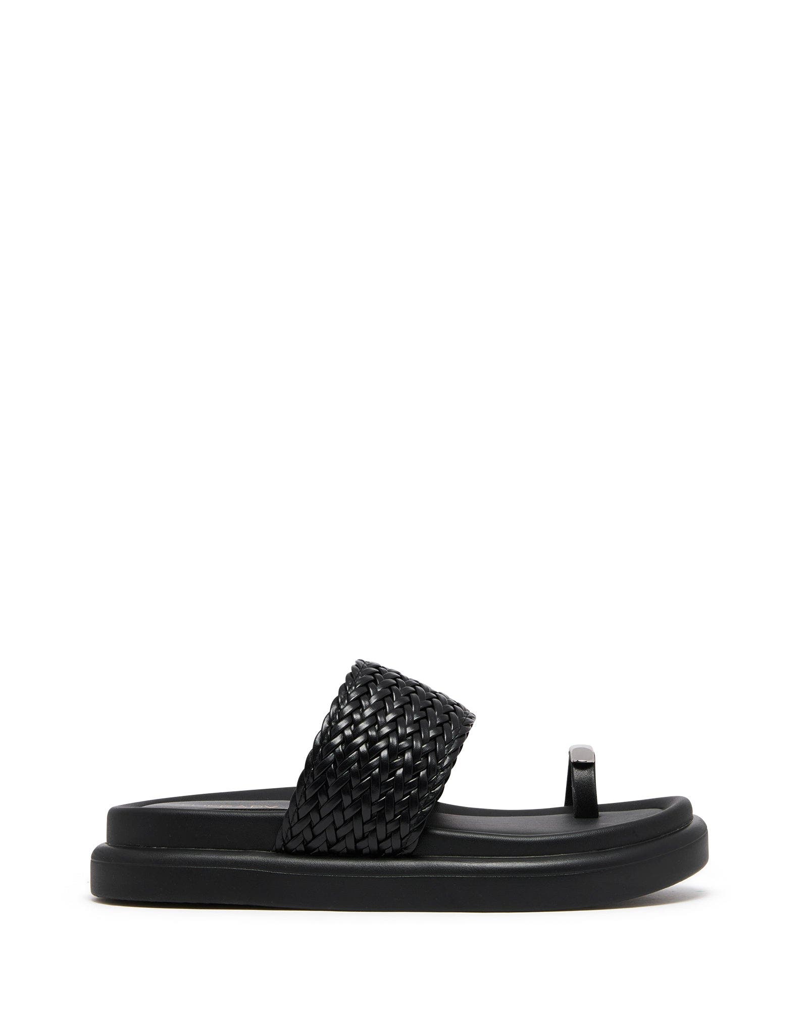Prevail open round toe sandal, Alternate, color, Black Woven Pu