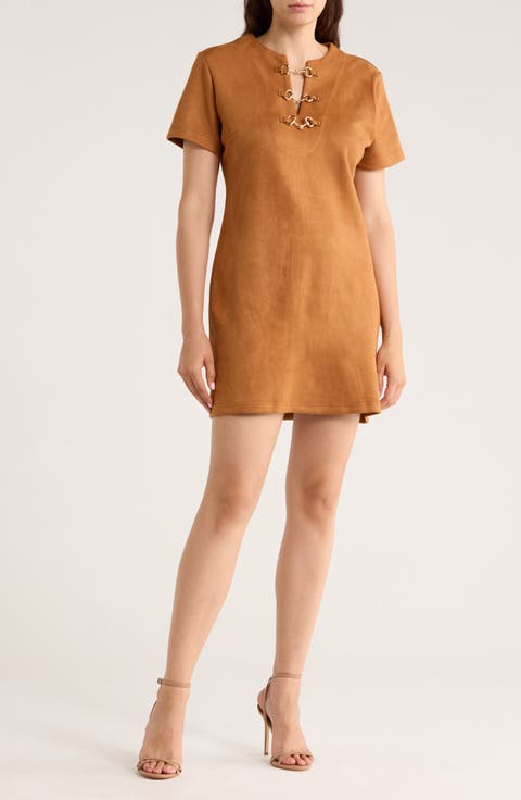 Horsebit Detail Faux Suede Shift Dress