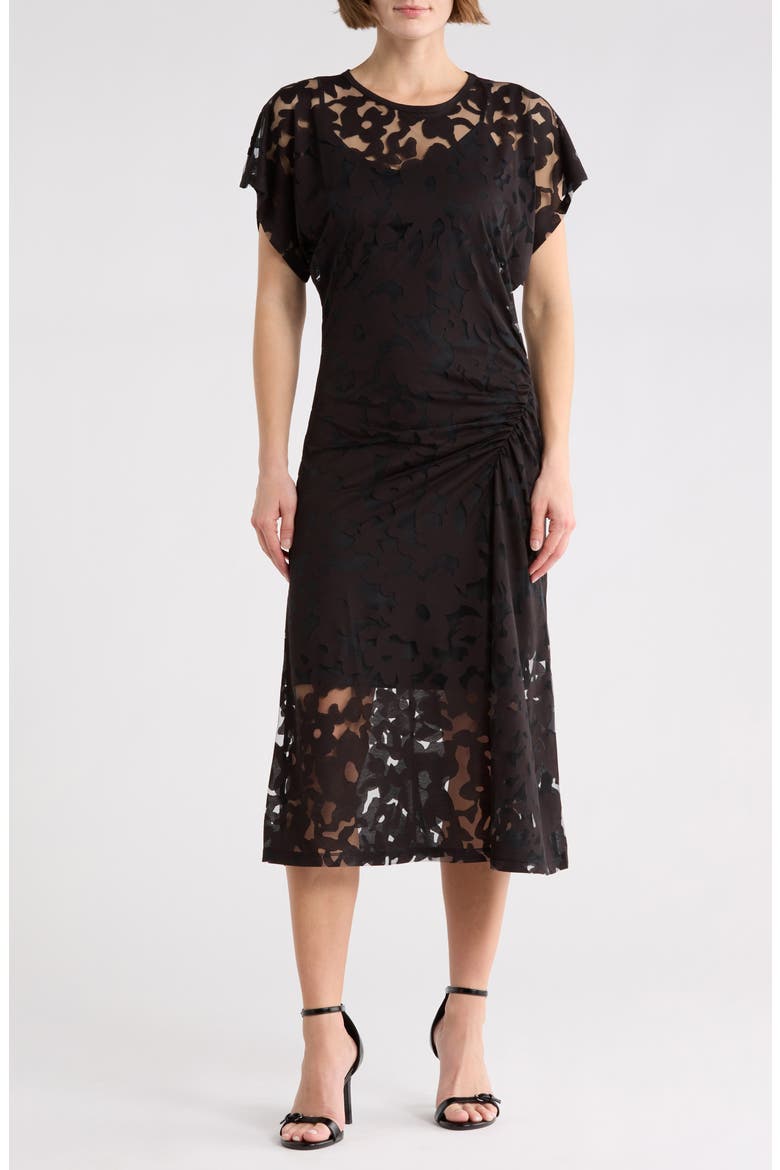 Ebuna Floral Semi Sheer T-Shirt Dress, Main, color, BLK