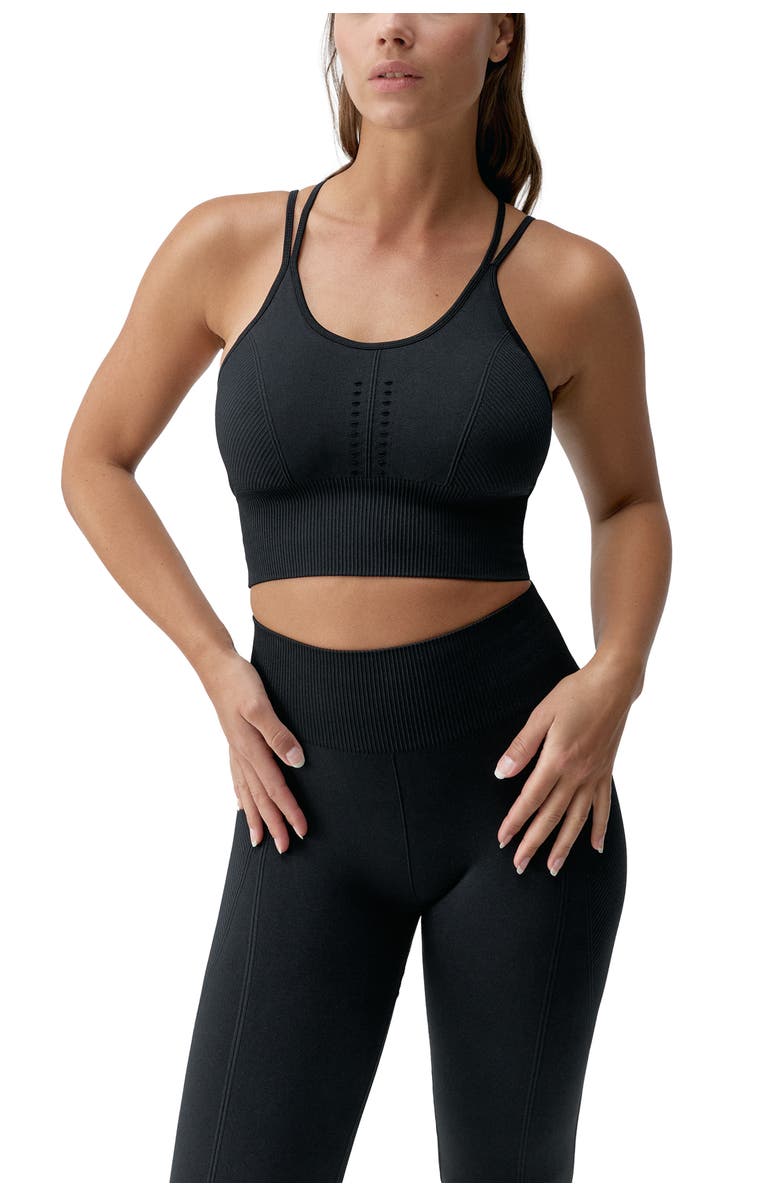 Born Living Yoga India Medium Support Seamless Sport Top, Main, color, Black
