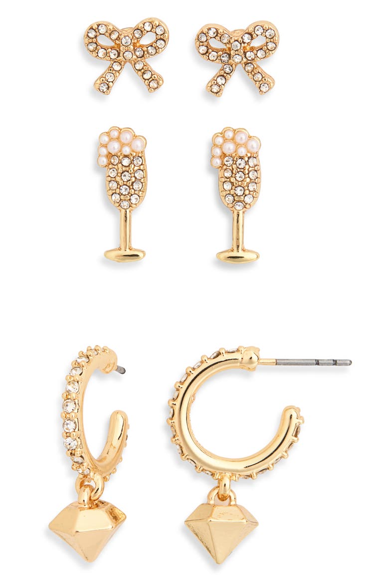Bridal 3-Piece Stud & Hoop Earrings Set, Main, color, GOLD MULTI