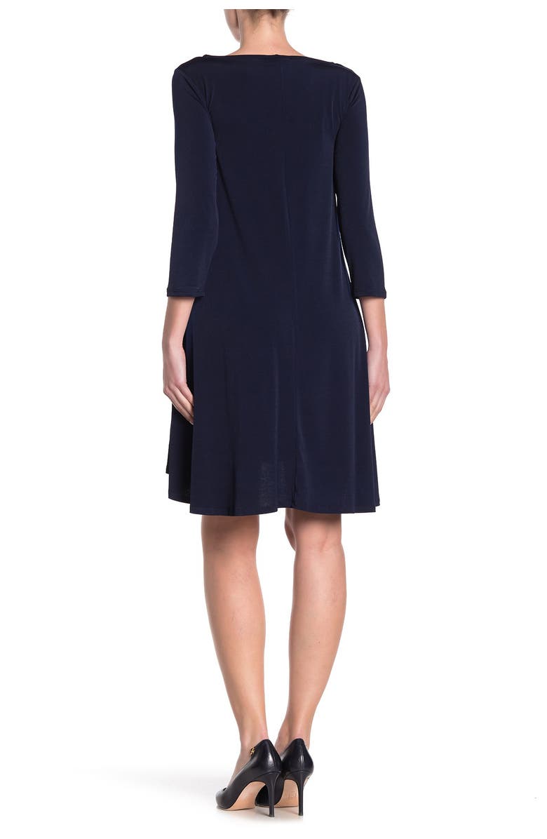 Nina Leonard Three-Quarter Sleeve Stretch Knit Trapeze Dress, Alternate, color, Navy