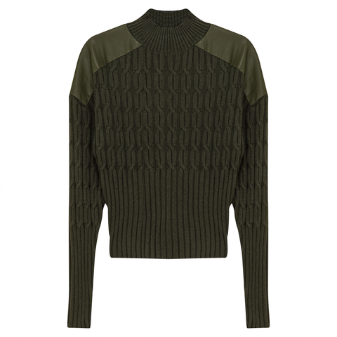 Dolman Cable Knit Leather Shoulder Sweater