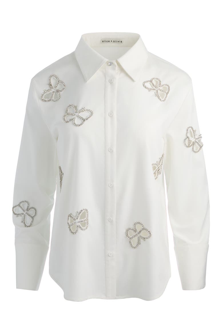 Rhinestone Butterfly Cutout Detail Button-Up Shirt, Alternate, color, OFF WHITE/ SILVER CRYSTAL