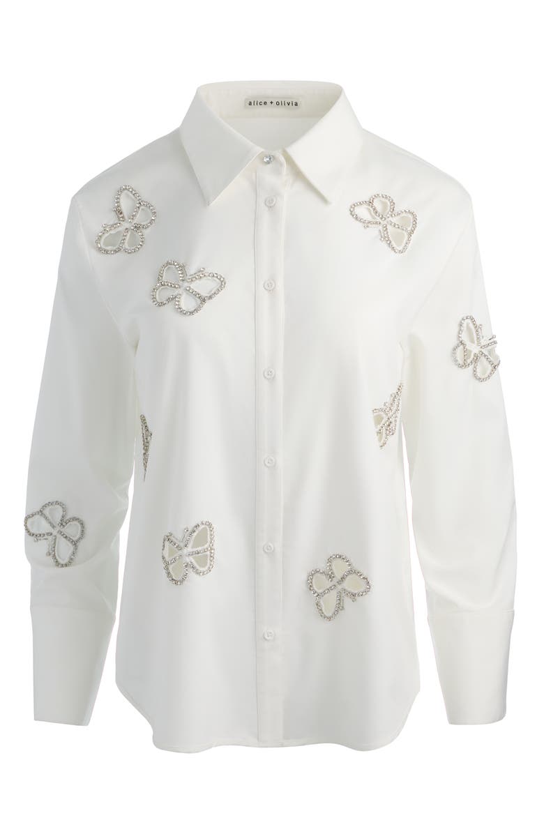 Alice + Olivia Rhinestone Butterfly Cutout Detail Button-Up Shirt, Alternate, color, Off White/ Silver Crystal