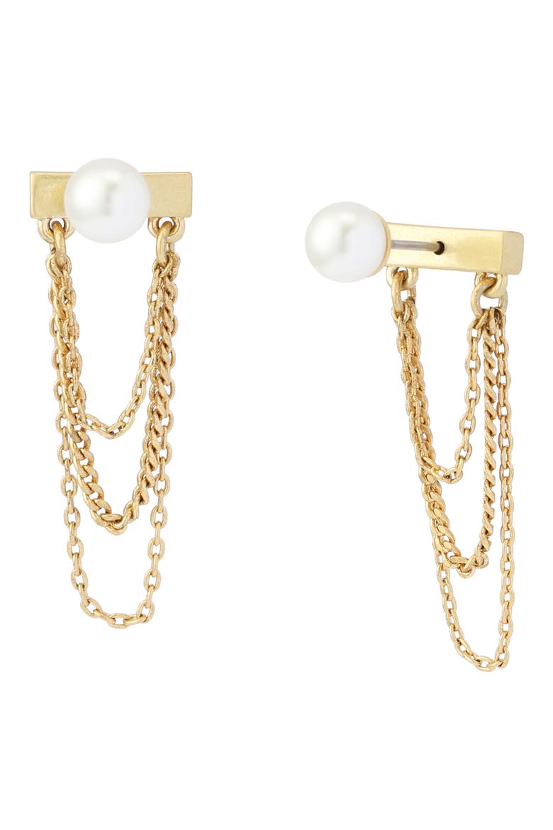 Faux Pearl Swag Chain Front/Back Earrings, Main, color, PEARL/ VINTAGE GOLD