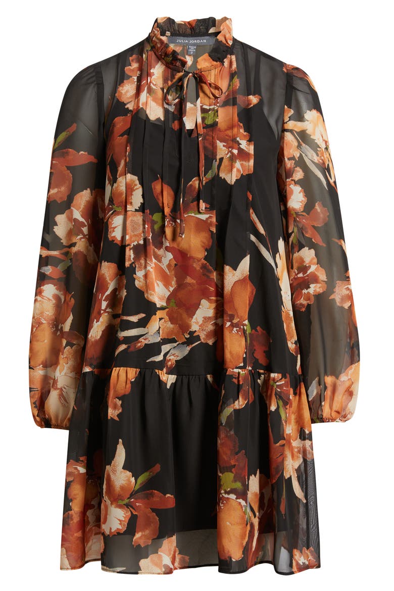 Floral Long Sleeve Drop Waist Minidress, Alternate, color, BLACK MULTI