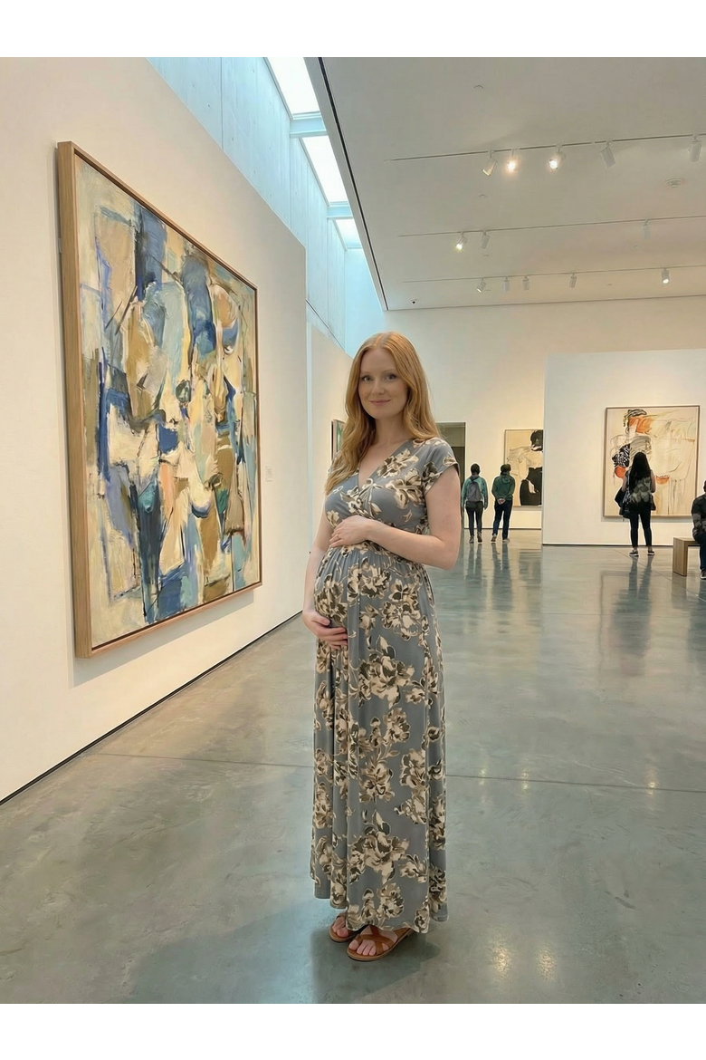 Maternity Floral V-Neck Cap Sleeve Side Slit Pocket Maxi Dress, Alternate, color, Grey Multi