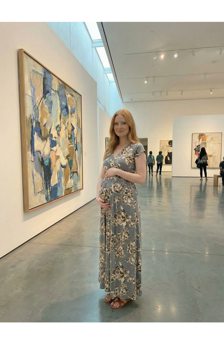 24seven Comfort Apparel Maternity Floral V-Neck Cap Sleeve Side Slit Pocket Maxi Dress, Alternate, color, Grey Multi