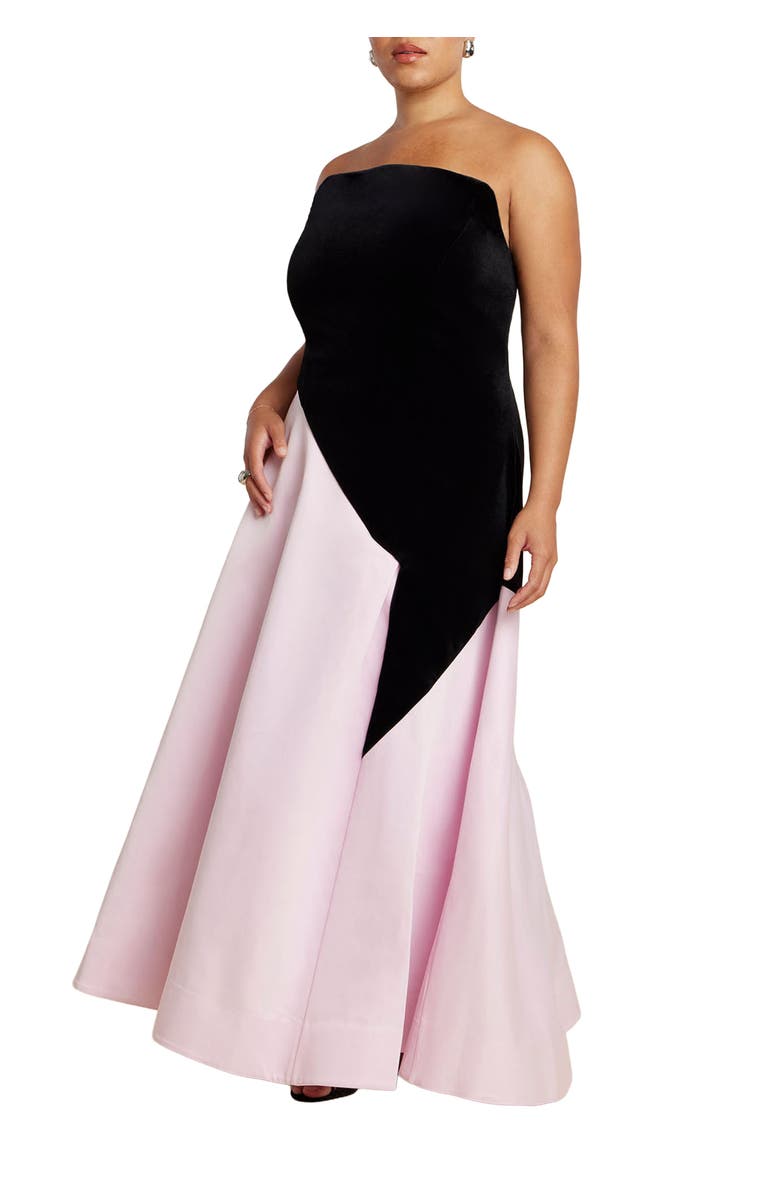 ELOQUII Asymmetrical Velvet Strapless Gown, Alternate, color, Black Onyx Cupcake Pink