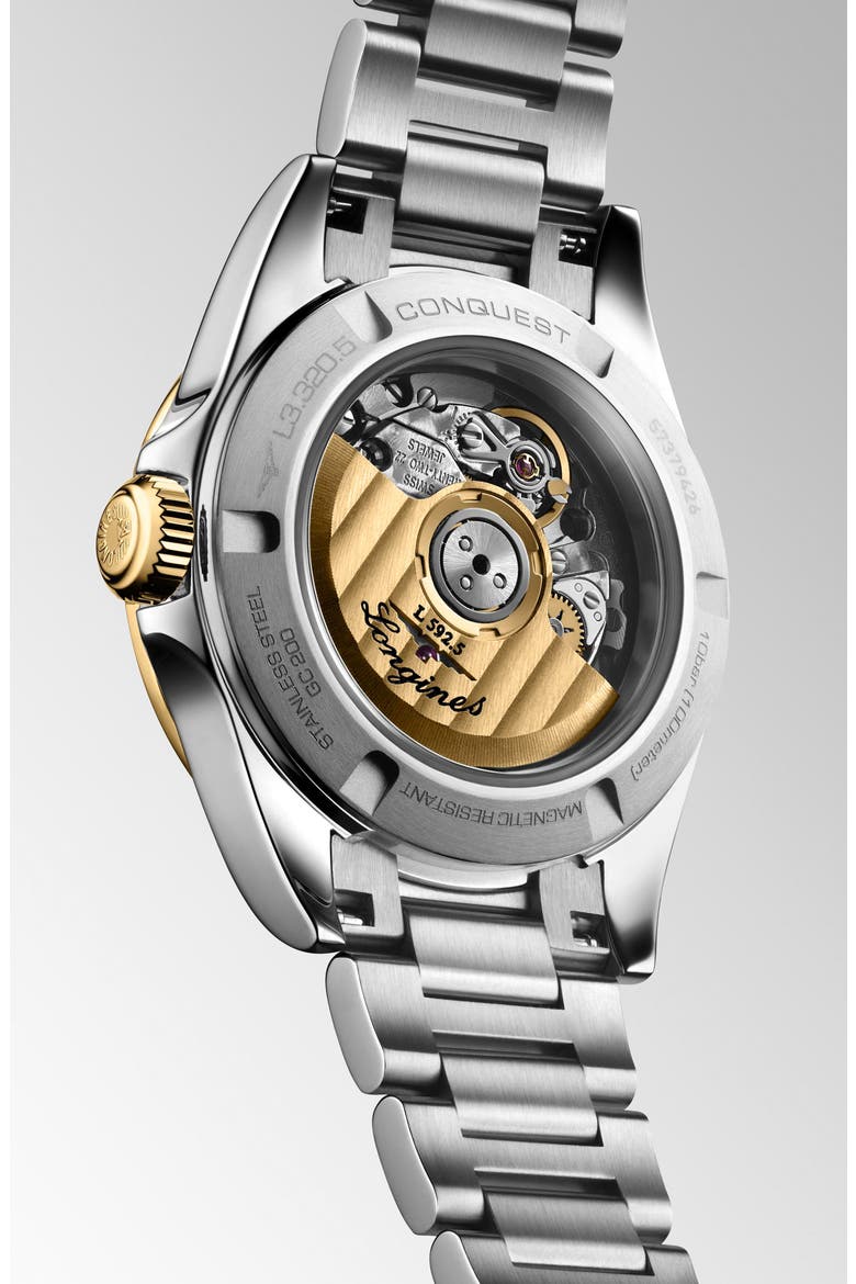 Conquest 18K Gold Bezel, Mother-of-Pearl & Diamond Automatic Bracelet Watch, 30mm, Alternate, color, WHITE MOTHER-OF-PEARL