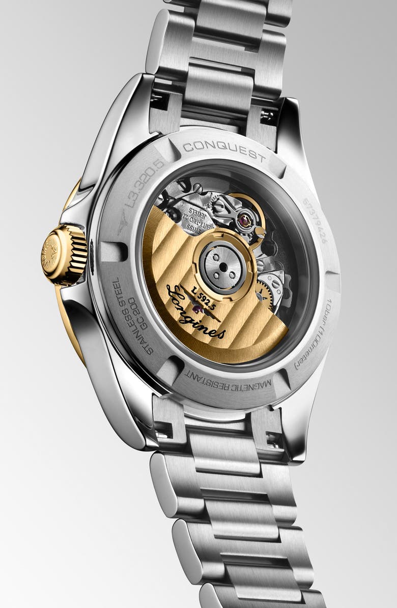 Longines Conquest 18K Gold Bezel, Mother-of-Pearl & Diamond Automatic Bracelet Watch, 30mm, Alternate, color, White Mother-Of-Pearl