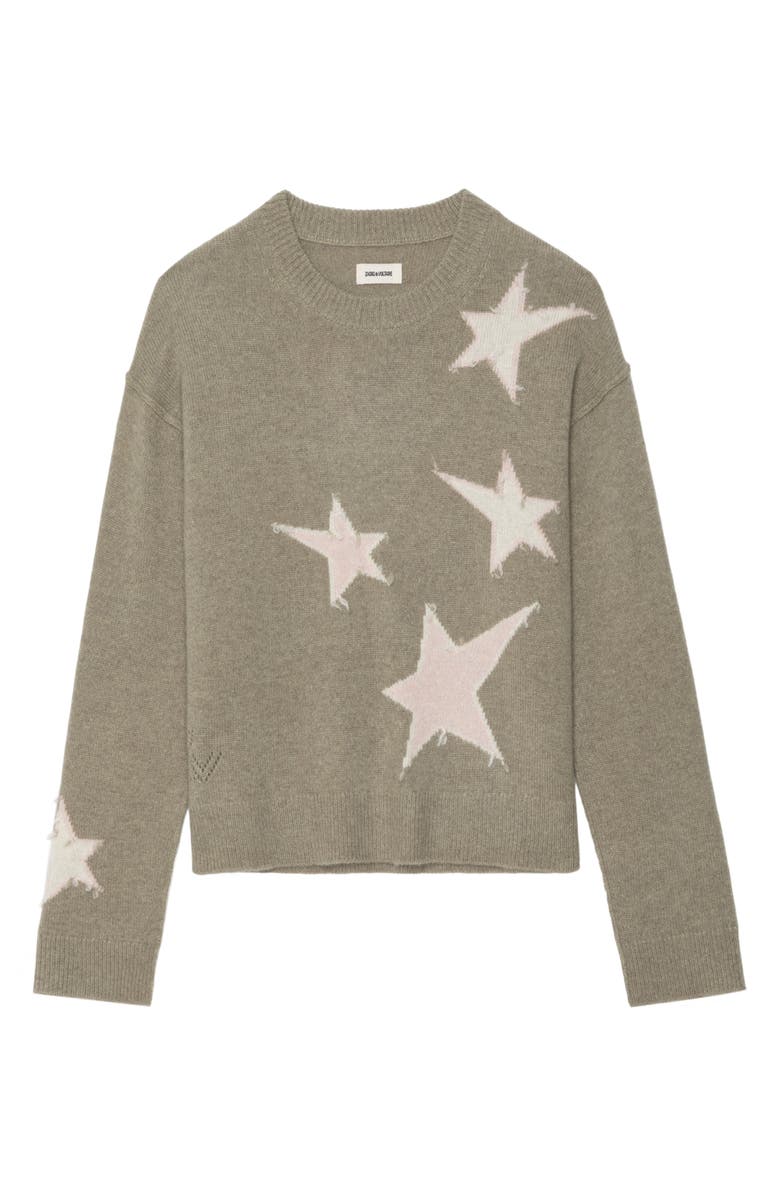 Zadig & Voltaire Markuz Intarsia Star Cashmere Crewneck Sweater, Alternate, color, Olive