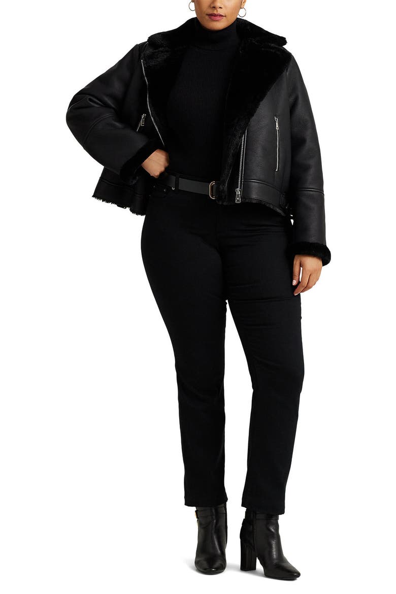 Faux Shearlling Moto Jacket, Alternate, color, BLACK
