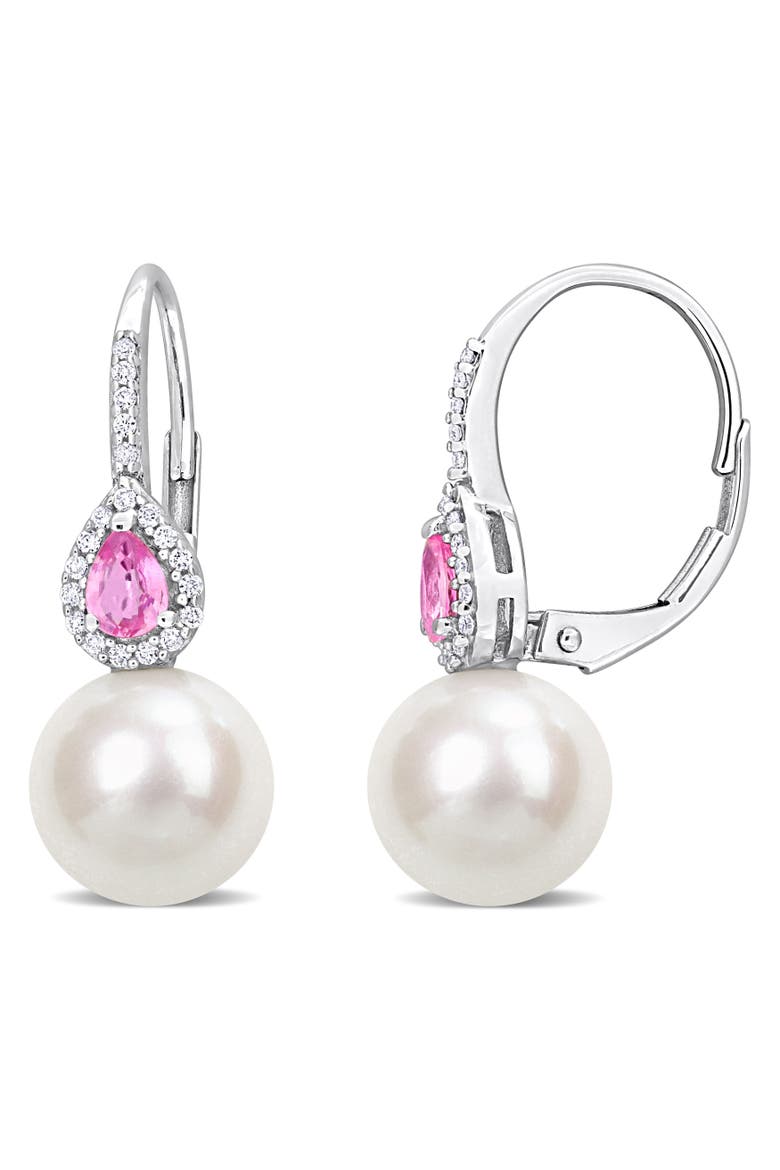 Pearl & Pink Sapphire Diamond Drop Earrings 14k, Main, color, Freshwater Pearl