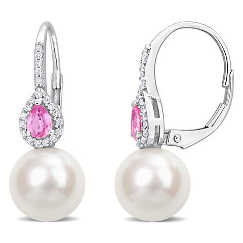 Pearl & Pink Sapphire Diamond Drop Earrings 14k