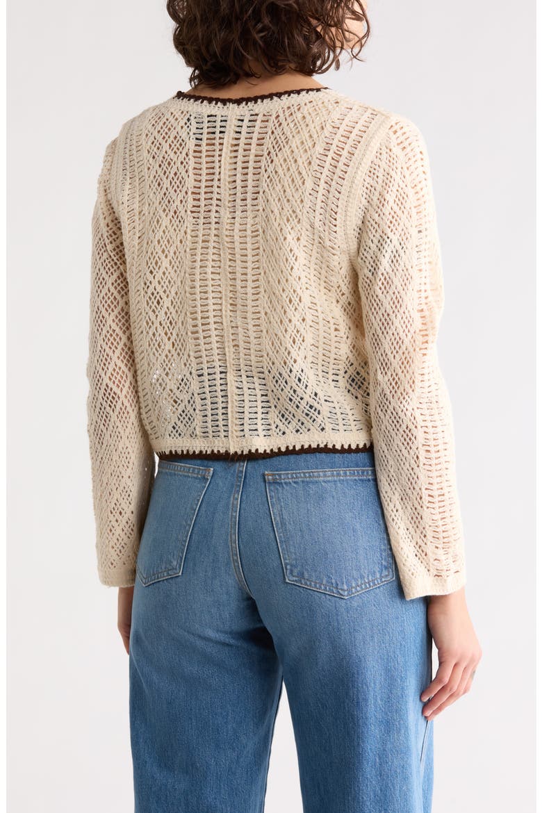 Floral Embroidered Open Stitch Cardigan, Alternate, color, NATURAL/ DARK BROWN