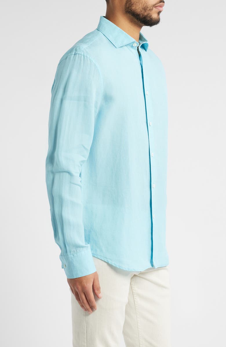 Bugatchi Axel Shaped Fit Linen Button-Up Shirt, Alternate, color, Turquoise