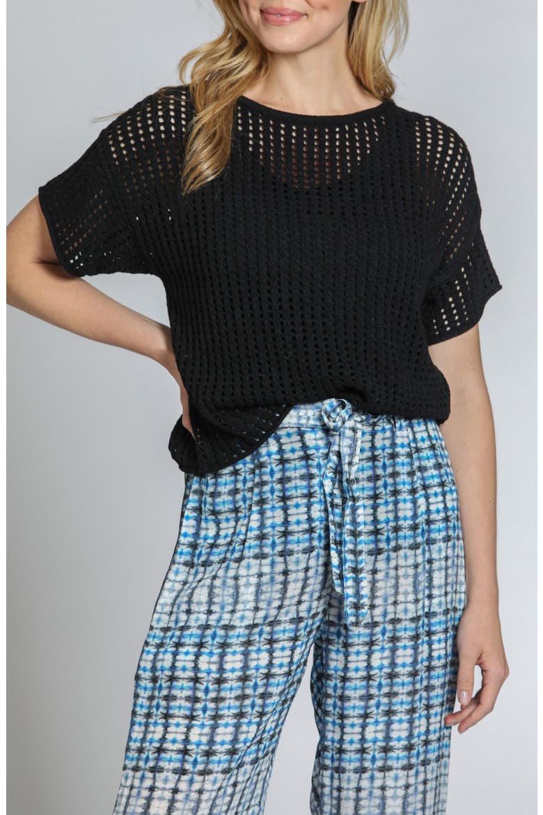 Open Stitch Short Sleeve Sweater, Main, color, BLACK