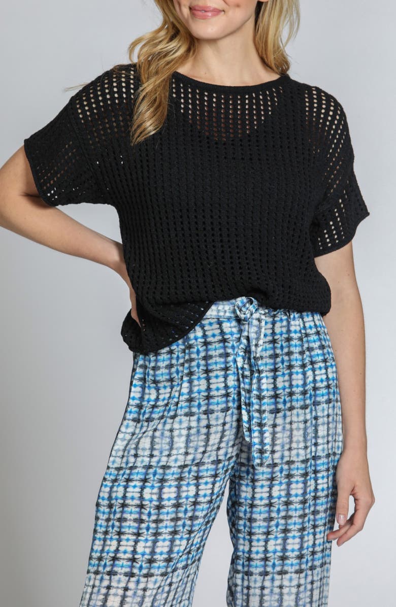 APNY Open Stitch Short Sleeve Sweater, Main, color, Black