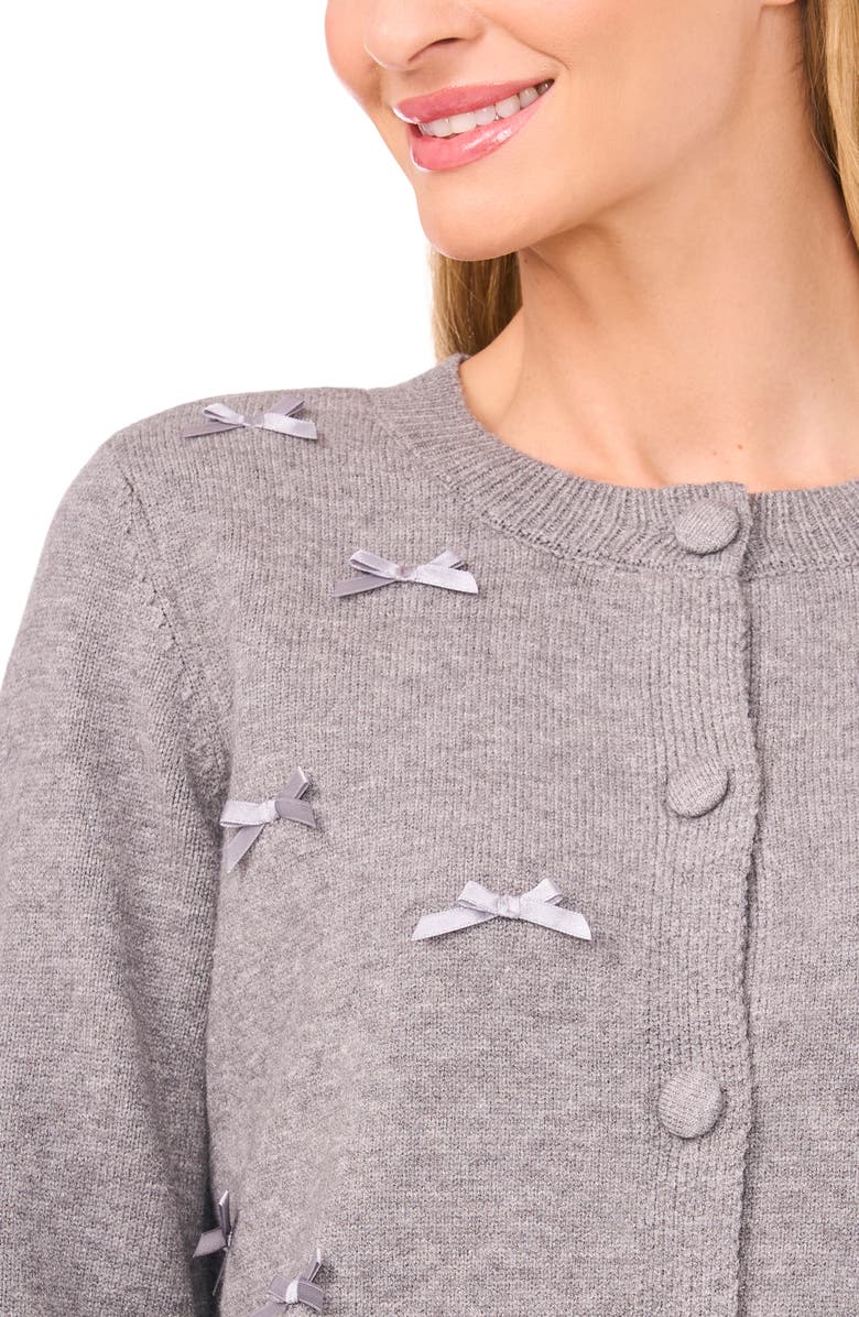 CeCe Bow Detail Crewneck Cardigan, Alternate, color, Light Heather Grey