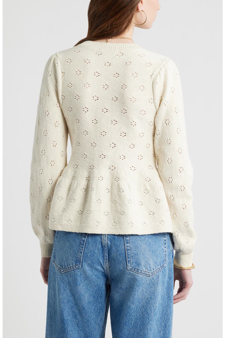 Pointelle Peplum Cardigan, Alternate, color, IVORY DOVE